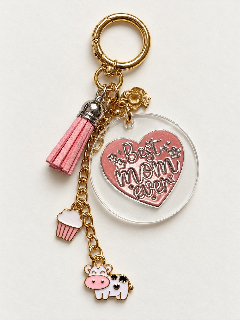 Pink & Gold Heart Keychain with Charms